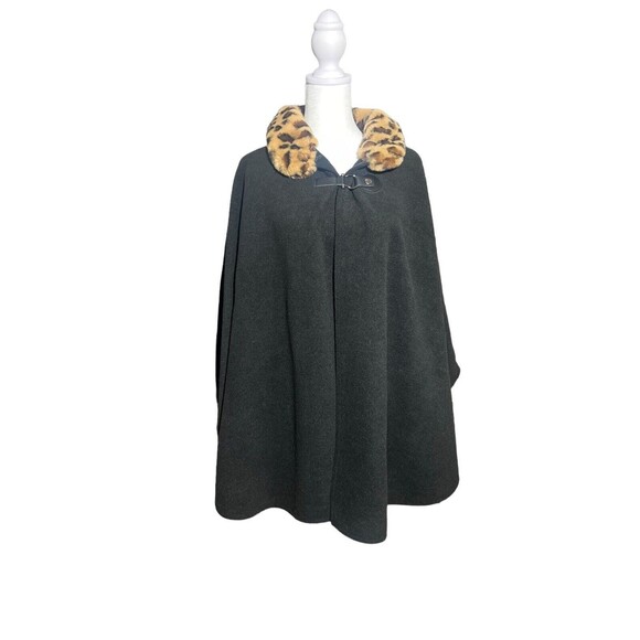 Martha Stewart Fleece Faux Fur Coat Cape Coat Overcoat Cheetah Print Trim Sz OS - Picture 1 of 15